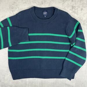 GAP Blue Green Striped Chunky Knit Crewneck Sweater Heavy Cotton Preppy Boxy XL